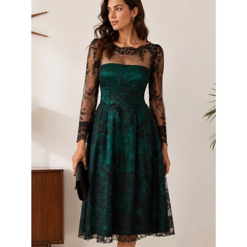 1950s VTG Harvey Berin Green Silk & Black Lace Cocktail Dress Sz